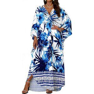 Women's Blue Floral Boho V-Neck Batwing Sleeves Smocked Waist Maxi Kaftan Dress